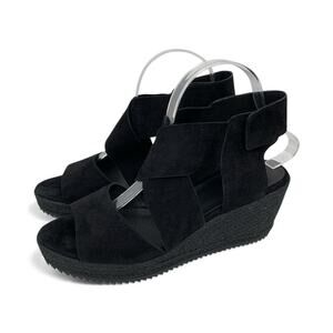 Eileen Fisher Espadrilles Willow 3 Black/Blk Suede Platform Wedge Sandals 9 1/2